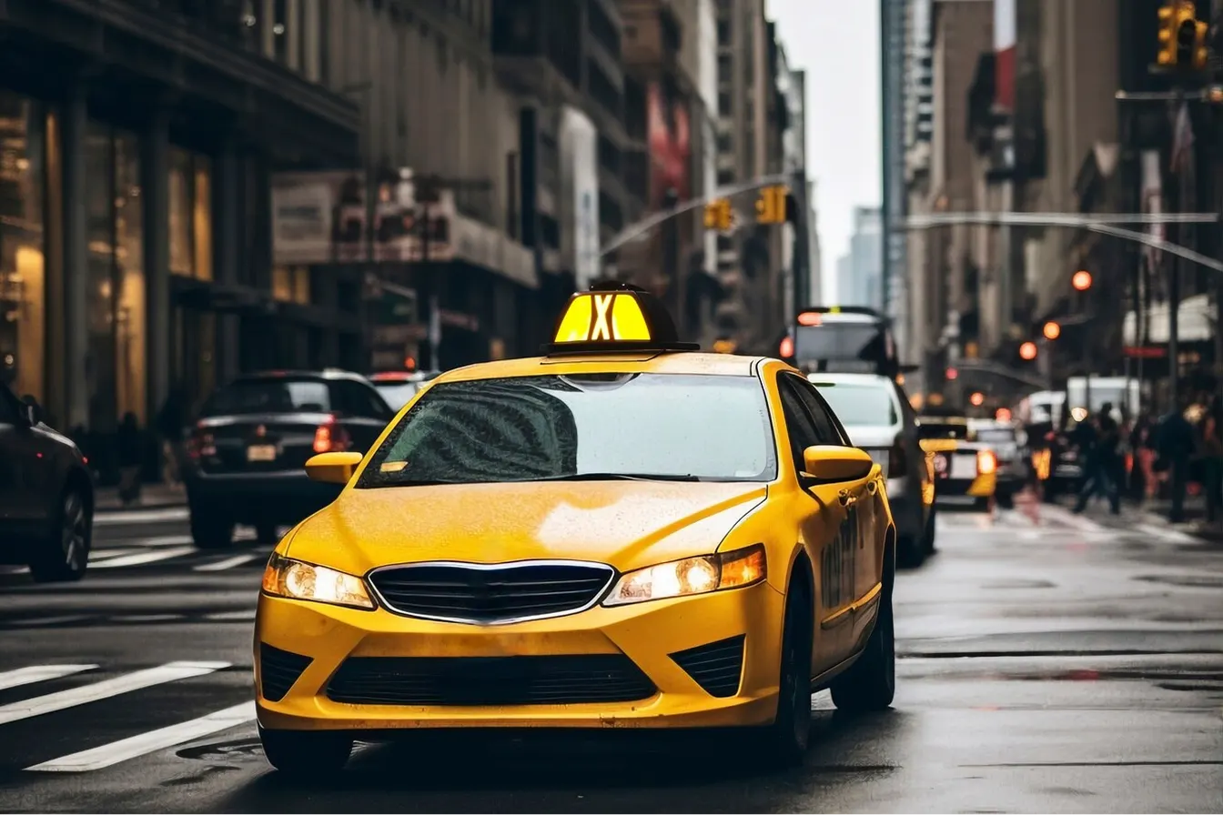 Selective focus shot of a yellow taxi sign in a traffic jam (8)